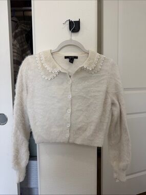 Forever 21 Cream Fuzzy Button-Up Cardigan with Lace Collar